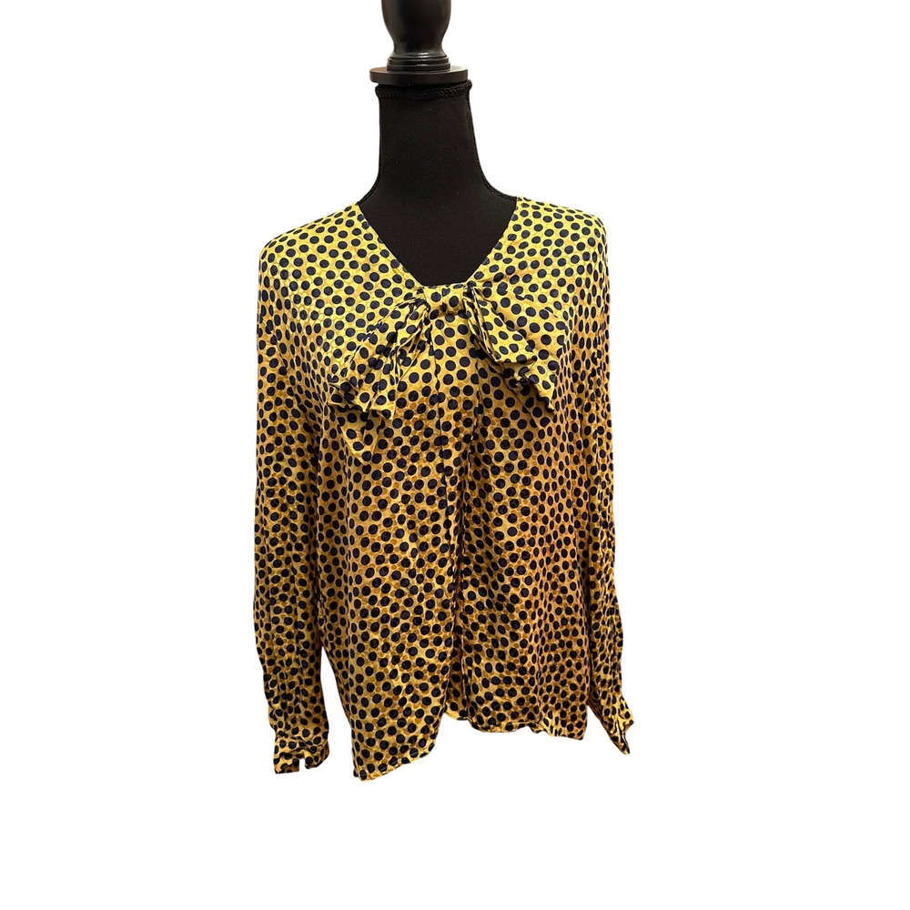 Valentino Miss V Yellow Navy Polka Dot Silk Bow Back Button Blouse Italy 8 42